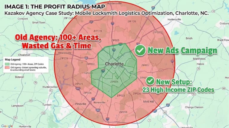 Google Maps comparison showing 100+ wasted areas vs 23 optimized high-income ZIP codes for a Charlotte locksmith Google Ads campaign.