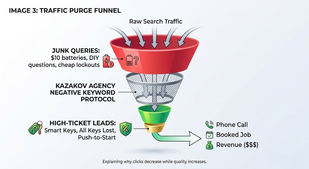 Traffic optimization funnel illustrating how negative keywords filter out cheap lockout queries to capture high-ticket smart key leads.