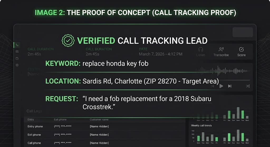CallRail dashboard displaying a verified high-ticket car key replacement lead generated by Kazakov Agency's Google Ads setup.