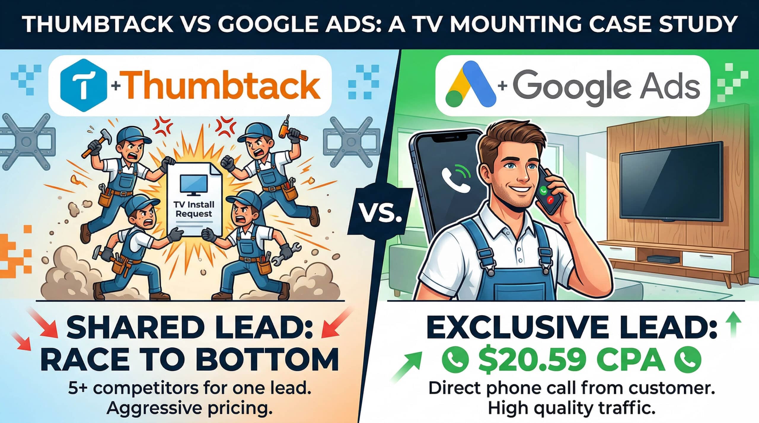 Google Ads vs Thumbtack lead generation for TV mounting business comparison
