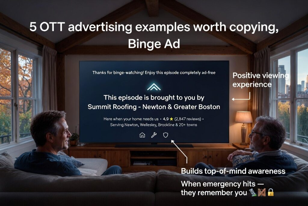 Maybelline-style binge ad OTT example for local Massachusetts home services — ad-free episode sponsored by Summit Roofing Newton MA building top-of-mind awareness
