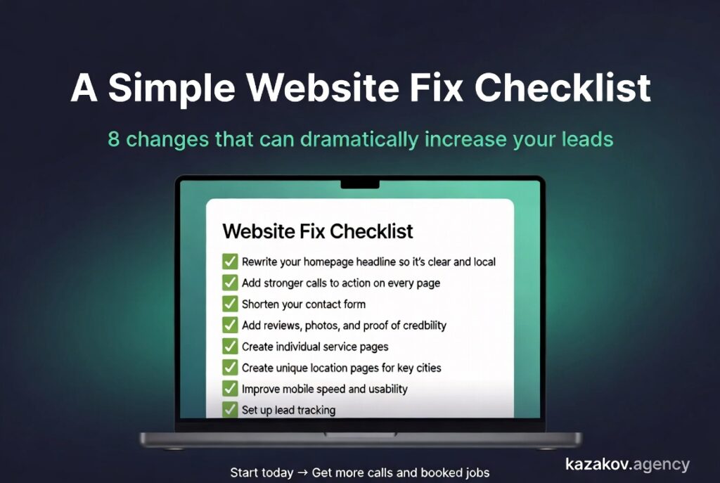 Website Fix Checklist on a laptop screen with all 8 items checked off: Rewrite homepage headline, Add stronger CTAs, Shorten contact form, Add reviews and proof, Create individual service pages, Create location pages, Improve mobile speed, Set up lead tracking. Title: A Simple Website Fix Checklist. Subheadline: 8 changes that can dramatically increase your leads. For kazakov.agencyWebsite Fix Checklist on a laptop screen with all 8 items checked off: Rewrite homepage headline, Add stronger CTAs, Shorten contact form, Add reviews and proof, Create individual service pages, Create location pages, Improve mobile speed, Set up lead tracking. Title: A Simple Website Fix Checklist. Subheadline: 8 changes that can dramatically increase your leads. For kazakov.agency