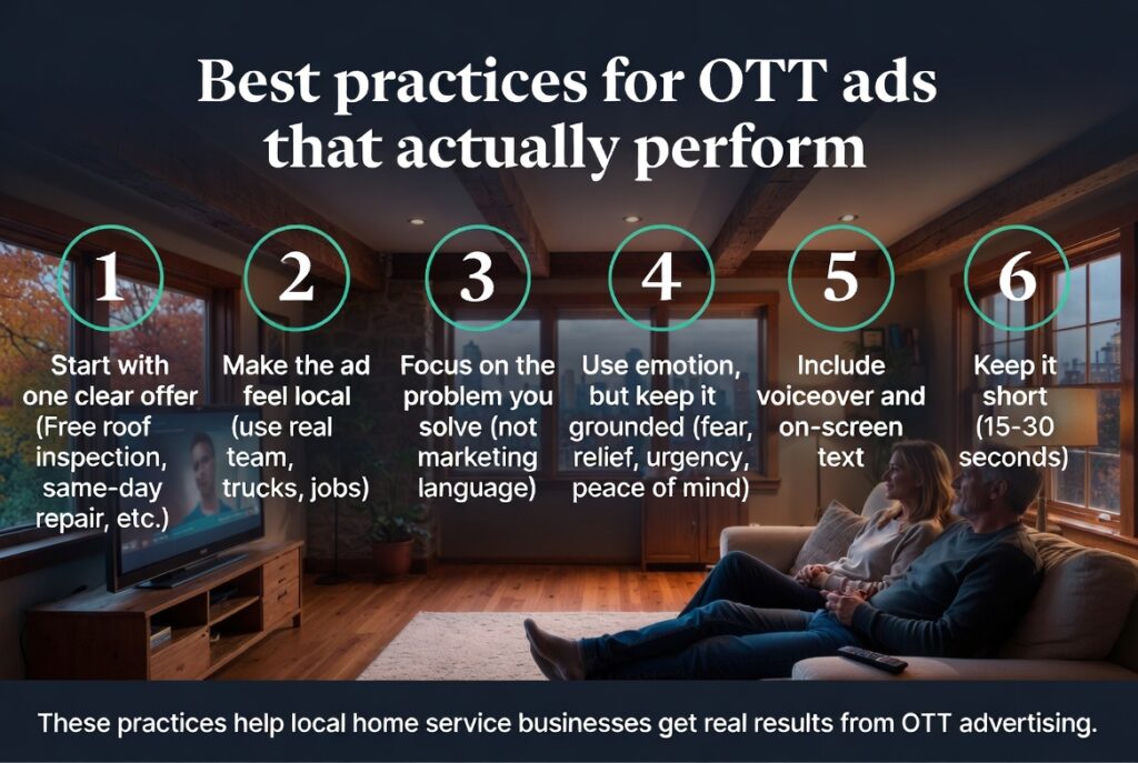 Best practices for OTT ads that actually perform for local Massachusetts home service businesses — one clear offer, make it feel local, focus on the problem, use grounded emotion, include voiceover and on-screen text, keep it 15-30 secondsBest practices for OTT ads that actually perform for local Massachusetts home service businesses — one clear offer, make it feel local, focus on the problem, use grounded emotion, include voiceover and on-screen text, keep it 15-30 seconds