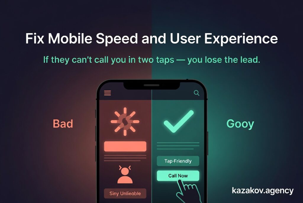 Split comparison of mobile user experience. Left side shows bad mobile site: slow loading, cluttered design, tiny buttons, popup blocking content, frustrated user. Right side shows optimized mobile site: fast loading, clean layout, large tap-friendly buttons, big clickable Call Now button, happy user. Title: Fix Mobile Speed and User Experience. For kazakov.agency