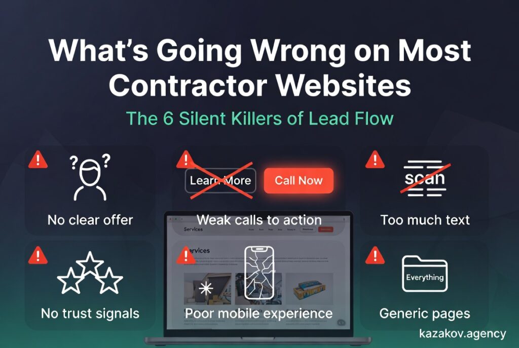 Infographic showing the 6 biggest mistakes on most contractor and home services websites: no clear offer, weak calls to action, too much text, missing trust signals, poor mobile experience, and generic service pages. Features a cluttered bad website mockup on a laptop with red warning icons. Title: What’s Going Wrong on Most Contractor Websites. Designed for kazakov.agency.