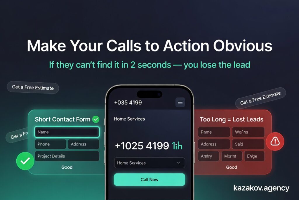 Mobile-optimized illustration showing best practices for obvious calls to action. Smartphone displays a home services website with phone number in header, multiple Get a Free Estimate buttons, sticky Call Now button at bottom, and short 4-field contact form marked 'Good'. Long 10-field form shown with red warning 'Too Long = Lost Leads'. Title: Make Your Calls to Action Obvious. For kazakov.agency