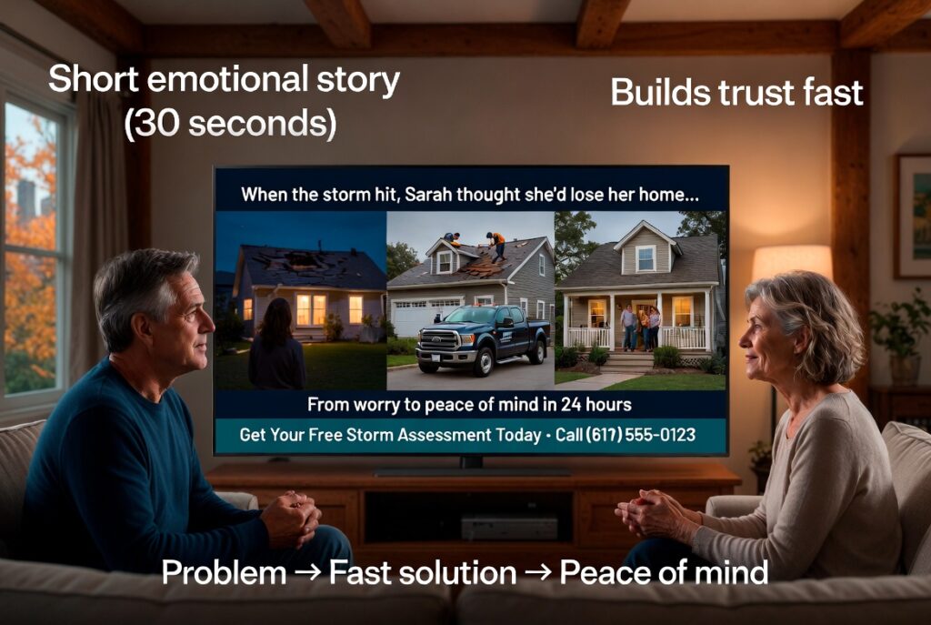 Short emotional storytelling OTT video ad example for local Massachusetts home services: from storm damage worry at night to peace of mind in 24 hours — Summit Roofing Newton MA professional team repair