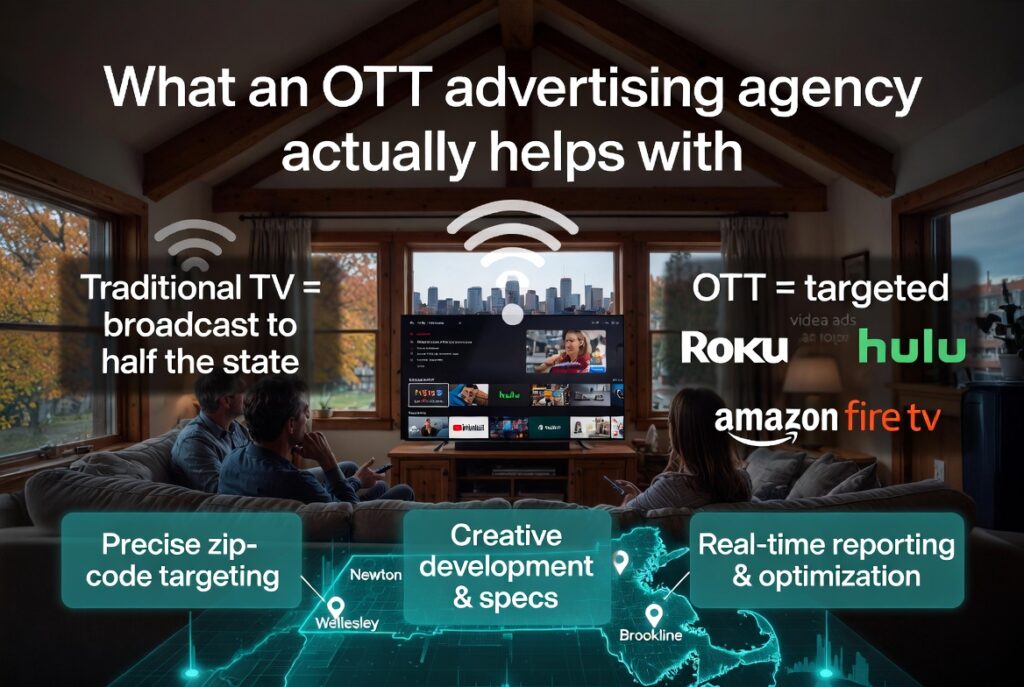 What an OTT advertising agency actually helps with — comparison of traditional TV vs targeted streaming ads on Roku Hulu YouTube Amazon Fire TV for local Massachusetts businesses with zip-code targeting and real-time reporting