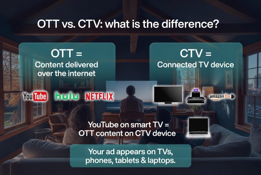 OTT vs CTV difference explained: OTT is the content delivered over the internet (YouTube Hulu Netflix), CTV is the connected TV device (smart TV Roku Fire Stick) — your ad appears on TVs phones tablets and laptops for local Massachusetts businesses