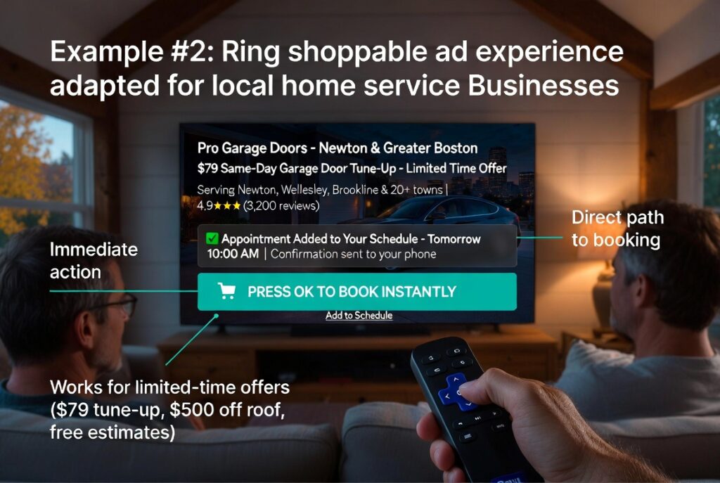 Ring shoppable OTT ad example for local Massachusetts garage door company — $79 same-day tune-up book instantly in Wellesley MA