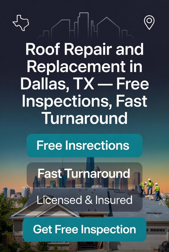 Premium marketing card for roof repair services in Dallas, TX. Features Dallas skyline, house with roofers working, headline: Roof Repair and Replacement in Dallas, TX — Free Inspections, Fast Turnaround. Badges: Free Inspections, Fast Turnaround, Licensed & Insured, 4.9 star reviews. Strong Call to Action button. For kazakov.agency