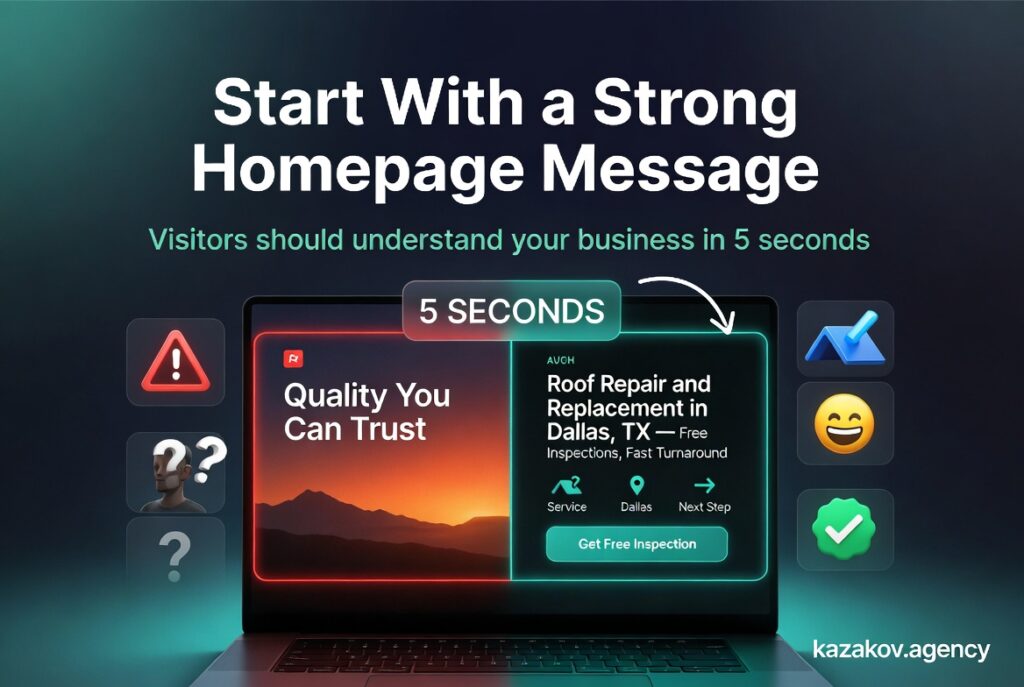 Split comparison showing strong vs weak homepage headlines. Left: vague headline 'Quality You Can Trust' with confused visitor. Right: powerful specific headline 'Roof Repair and Replacement in Dallas, TX — Free Inspections, Fast Turnaround' with happy visitor and clear CTA. Large '5 SECONDS' timer in the center. Title: Start With a Strong Homepage Message. Designed for kazakov.agency