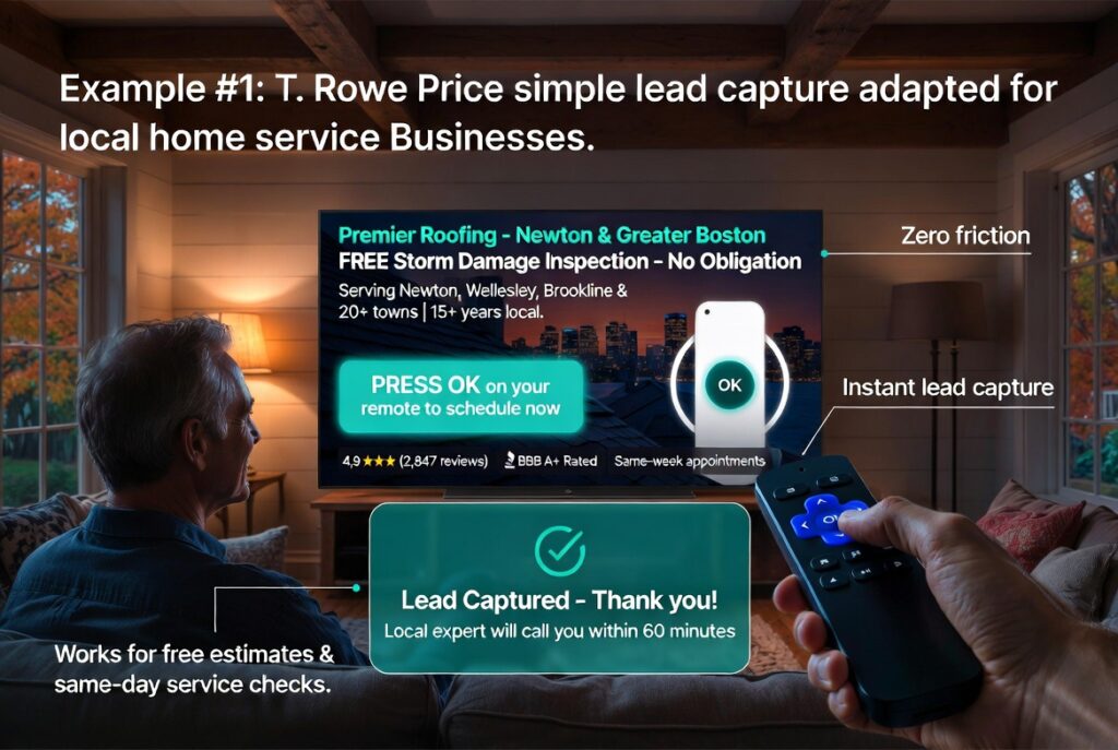 T. Rowe Price style OTT lead capture example for local Massachusetts roofing company — press OK on Roku remote for free storm damage inspection in Newton MA