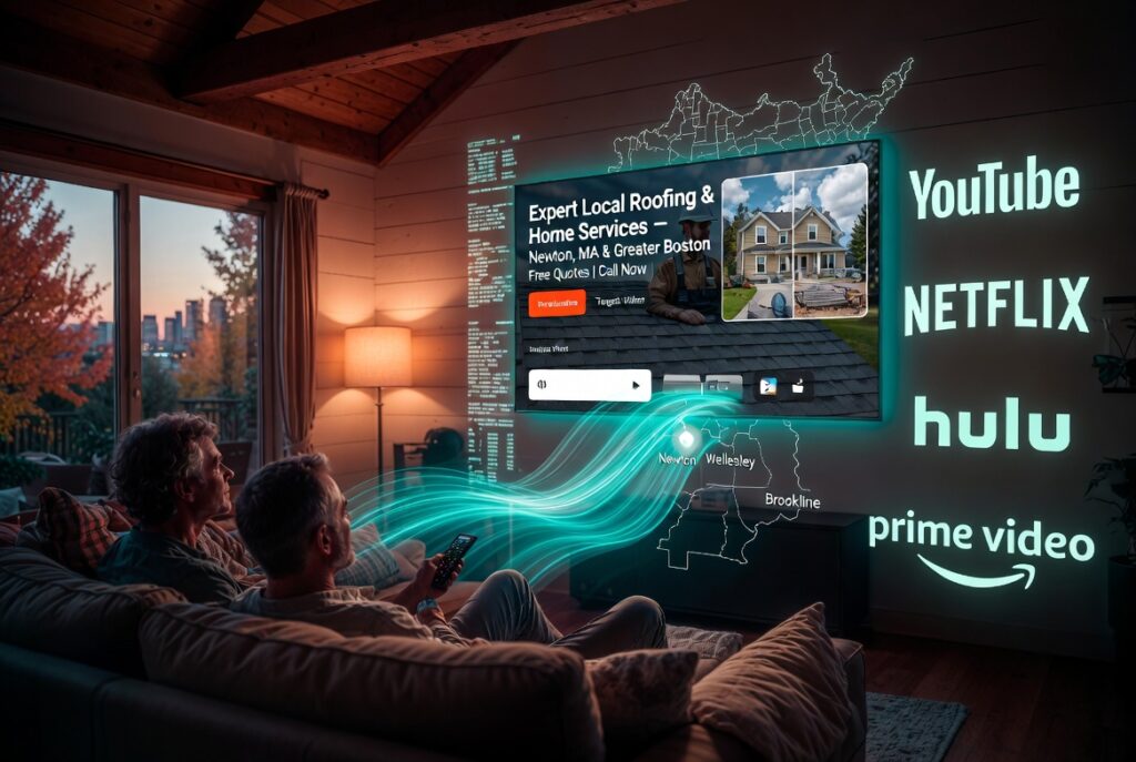 Targeted OTT advertising for local Massachusetts home service businesses — roofing, garage doors, fencing in Newton MA on streaming TV YouTube Hulu