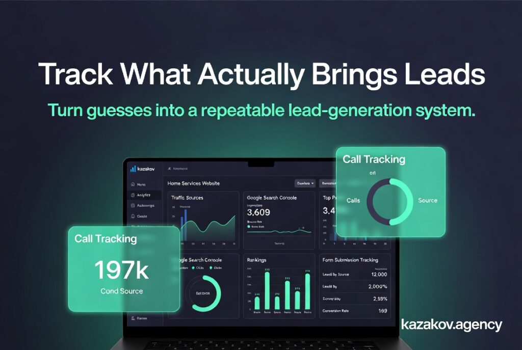 Analytics dashboard illustration showing key metrics for a home services website: 12,450 visitors, 187 leads, 94 phone calls, 63% of leads from tracked campaigns. Features Google Analytics, Google Search Console, Call Tracking, and Form Submission Tracking widgets. Title: Track What Actually Brings Leads. For kazakov.agency