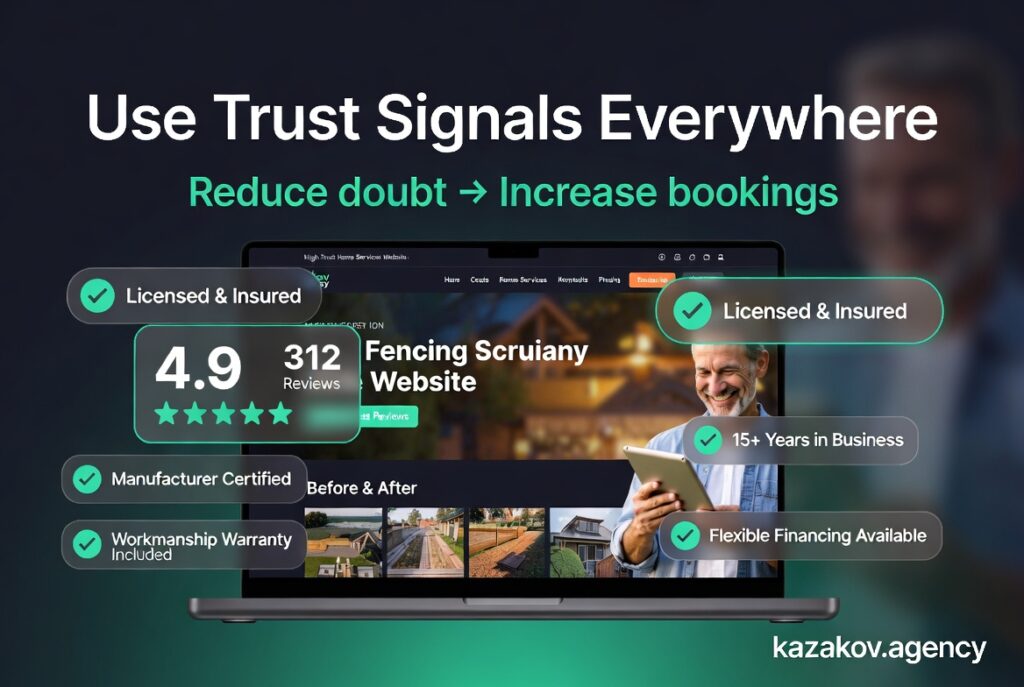 High-trust home services website mockup on a laptop featuring multiple trust signals: 4.9-star Google reviews (312 reviews), before & after photos, Licensed & Insured badge, Manufacturer Certified, Workmanship Warranty Included, and Flexible Financing Available. A happy customer is shown viewing the site. Title: Use Trust Signals Everywhere. For kazakov.agencyHigh-trust home services website mockup on a laptop featuring multiple trust signals: 4.9-star Google reviews (312 reviews), before & after photos, Licensed & Insured badge, Manufacturer Certified, Workmanship Warranty Included, and Flexible Financing Available. A happy customer is shown viewing the site. Title: Use Trust Signals Everywhere. For kazakov.agency