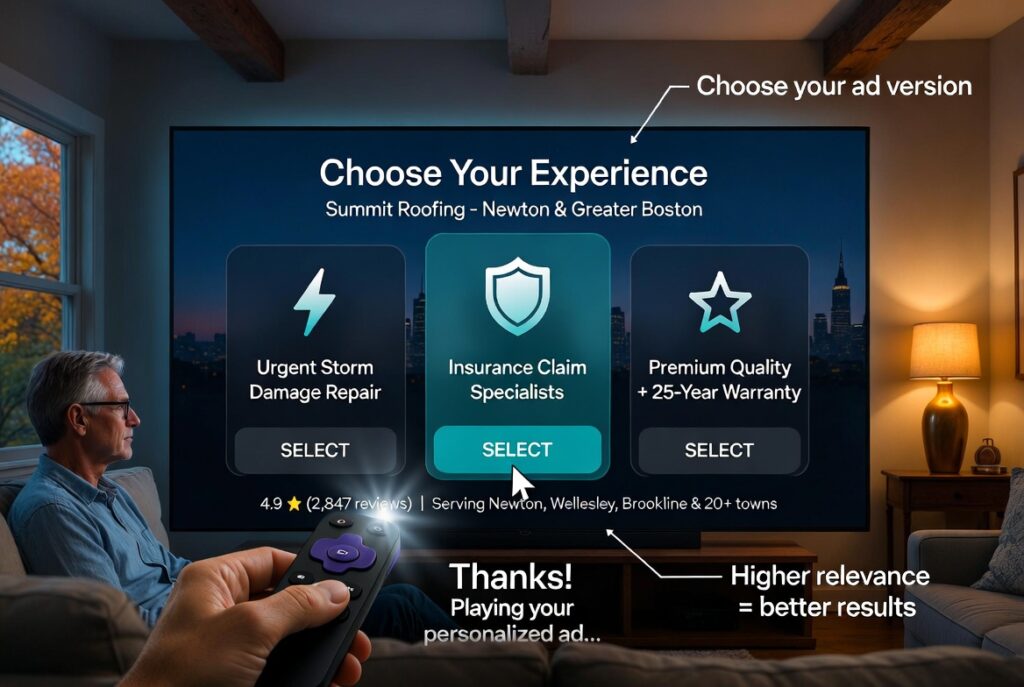 Volvo-style audience choice OTT ad example for local Massachusetts roofing company — viewers select urgent repair, insurance claim or premium warranty version in Natick MA