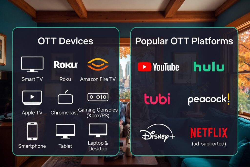 What devices and platforms count as OTT? Full list of OTT devices (Smart TV Roku Amazon Fire TV Apple TV Chromecast gaming consoles smartphones tablets laptops) and popular OTT platforms (YouTube Hulu Tubi Peacock Disney+ Amazon Prime Netflix ad-supported YouTube TV) for local Massachusetts businesses