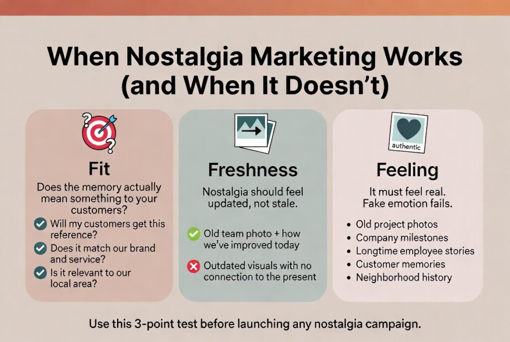Infographic titled 'When Nostalgia Marketing Works (and When It Doesn’t)'. Three-point test for successful nostalgia campaigns: 1. Fit – Does the memory match your audience, brand and local area? 2. Freshness – Keep it updated (good: old photo + current improvements; bad: outdated visuals with no connection). 3. Feeling – Must feel authentic. Use real project photos, milestones, employee stories and neighborhood history. Always test before launching