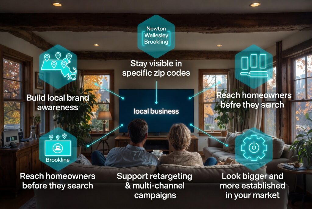 Why OTT advertising works for local Massachusetts home service businesses — build brand awareness, stay visible in specific zip codes like Newton Wellesley Brookline, reach homeowners before they search, support retargeting and look more established