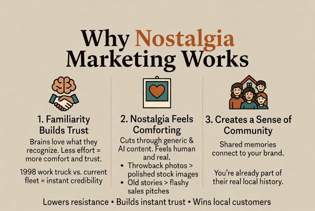 Infographic titled 'Why Nostalgia Marketing Works' showing three key reasons: 1. Familiarity builds trust — brains recognize old images like 1998 work trucks for instant credibility. 2. Nostalgia feels comforting — throwback photos and real stories outperform generic and AI content. 3. It creates a sense of community — shared local memories connect customers to your brand.