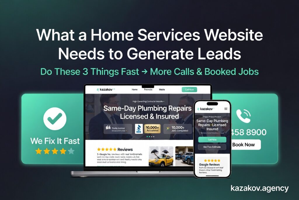 Clean modern illustration of a high-converting home services website. Features a professional contractor website mockup on laptop and mobile phone with clear headline, project photos, 5-star reviews, trust badges and prominent Call Now / Get Free Estimate buttons. Three key principles shown: 1. Show you're in the right place, 2. Build trust quickly, 3. Make it easy to contact you. Title: What a Home Services Website Needs to Generate Leads. Designed for kazakov.agency