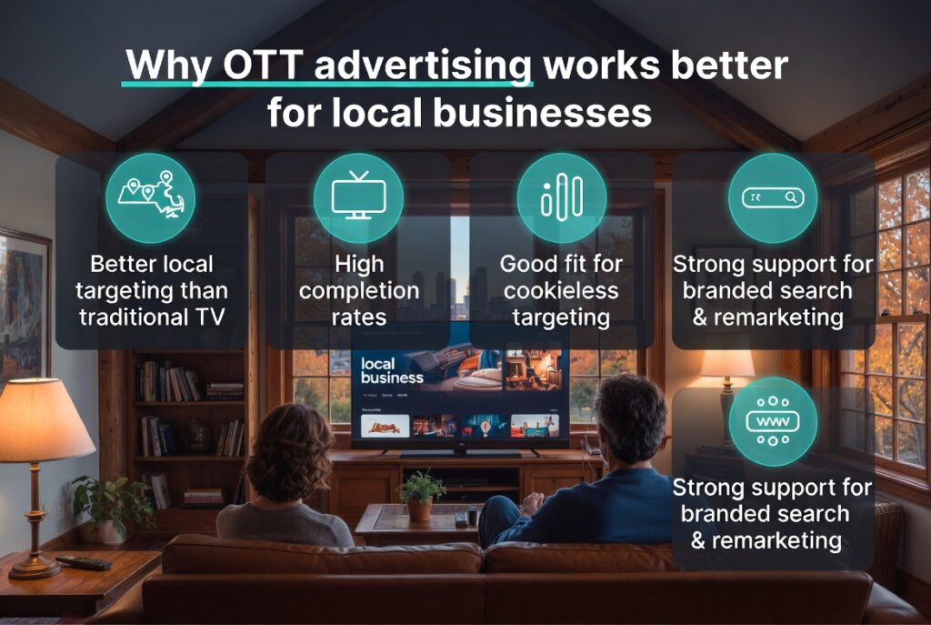 Why OTT advertising works better for local Massachusetts home service businesses — better zip code targeting than traditional TV, high ad completion rates, cookieless targeting, and strong support for branded search and remarketing