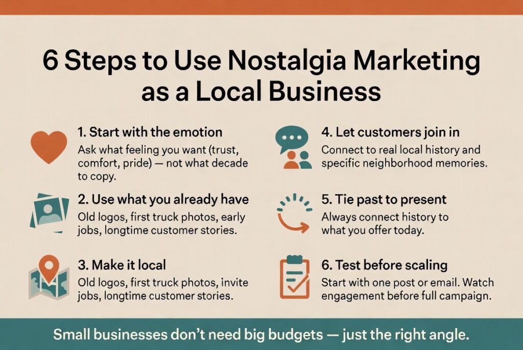 Infographic: 6 Steps to Use Nostalgia Marketing as a Local Business. 1. Start with the emotion you want to create. 2. Use existing assets like old photos and stories. 3. Make it local and specific to your neighborhood. 4. Let customers share their memories. 5. Always tie the past to your current service. 6. Test small before scaling. No big budget needed — just the right angle.