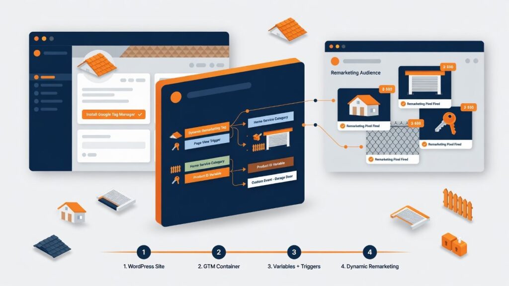 Detailed view of Google Tag Manager configuration for setting up dynamic remarketing with Google Ads on WordPress, displaying tags, triggers, and variables