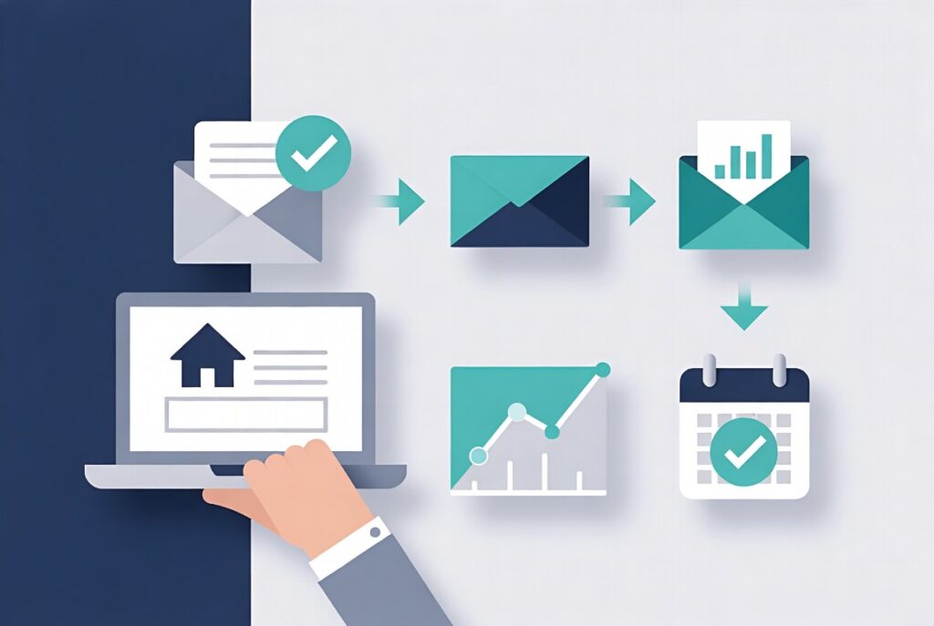 How email marketing works in real life illustration: lead form submission to CRM storage to automated email sending and conversion tracking for home service businesses, email marketing best practices 2026