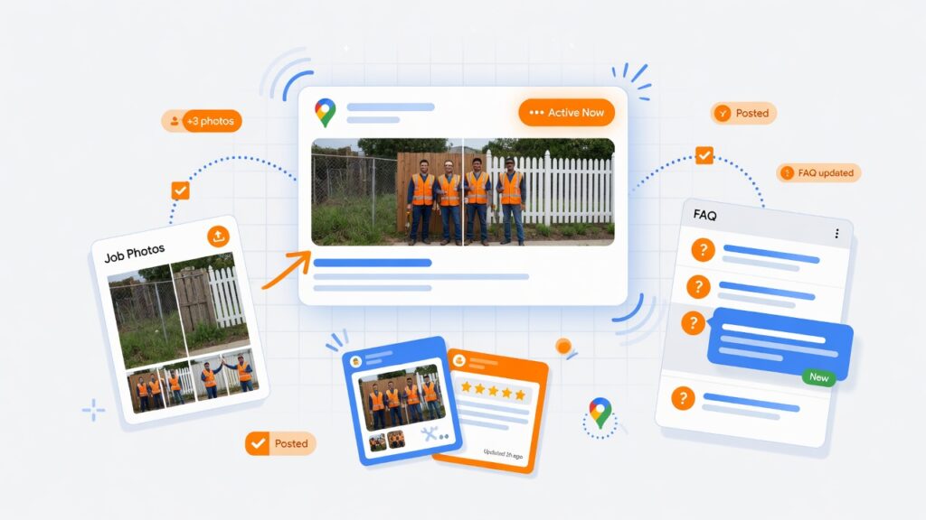 Local SEO tip 7 keep your Google Business Profile active with job photos team photos posts FAQs and service updates
