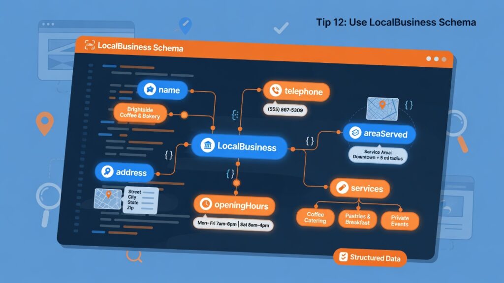 Local SEO tip 12 use LocalBusiness schema markup for business name phone address hours service area and services on your website