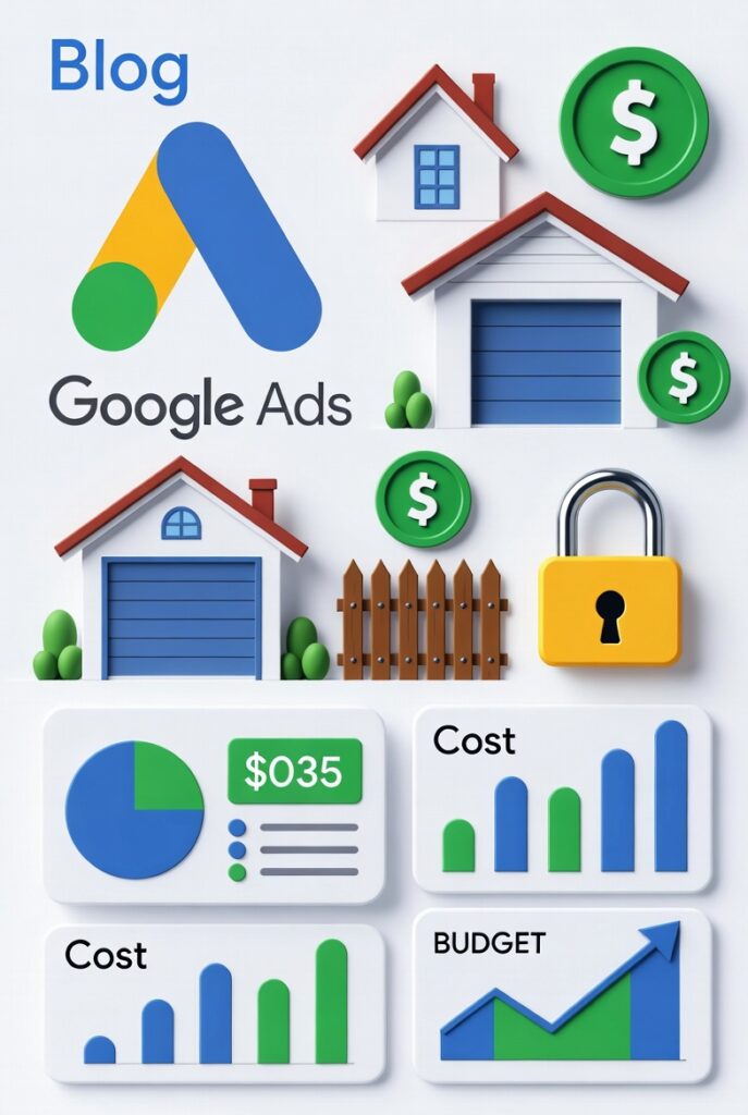 Google Ads costs for local service businesses - roofing, garage door, fence installation, and locksmith services. Professional illustration with house icons, Google Ads logo, cost charts and budget graphs for kazakov.agency blog article