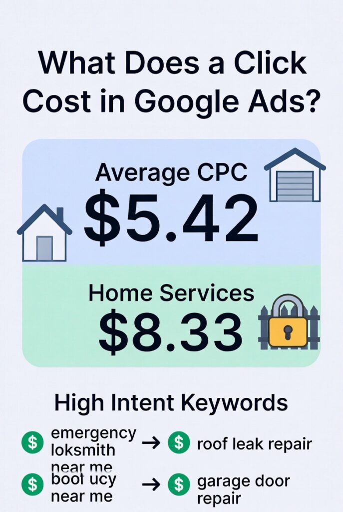 What Does a Click Cost in Google Ads? Average CPC $5.42, Home Services CPC $8.33. Cost per click benchmarks for roofing, garage door repair, fence installation and locksmith services