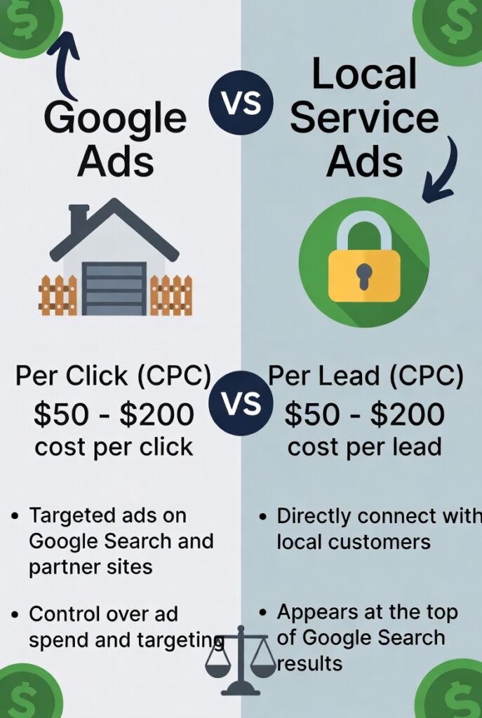 Google Ads vs Local Service Ads: cost comparison for local home services. Difference between pay-per-click (CPC) and pay-per-lead (CPL) models for roofing, garage door, fence installation and locksmith businesses