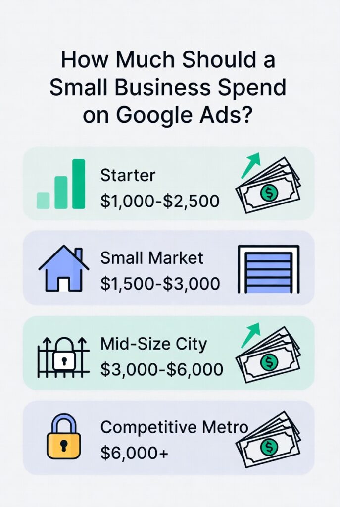 How Much Should a Small Business Spend on Google Ads? Monthly budget recommendations: $1000–$2500 starter, up to $6000+ in competitive markets for roofing, garage door, fence and locksmith services