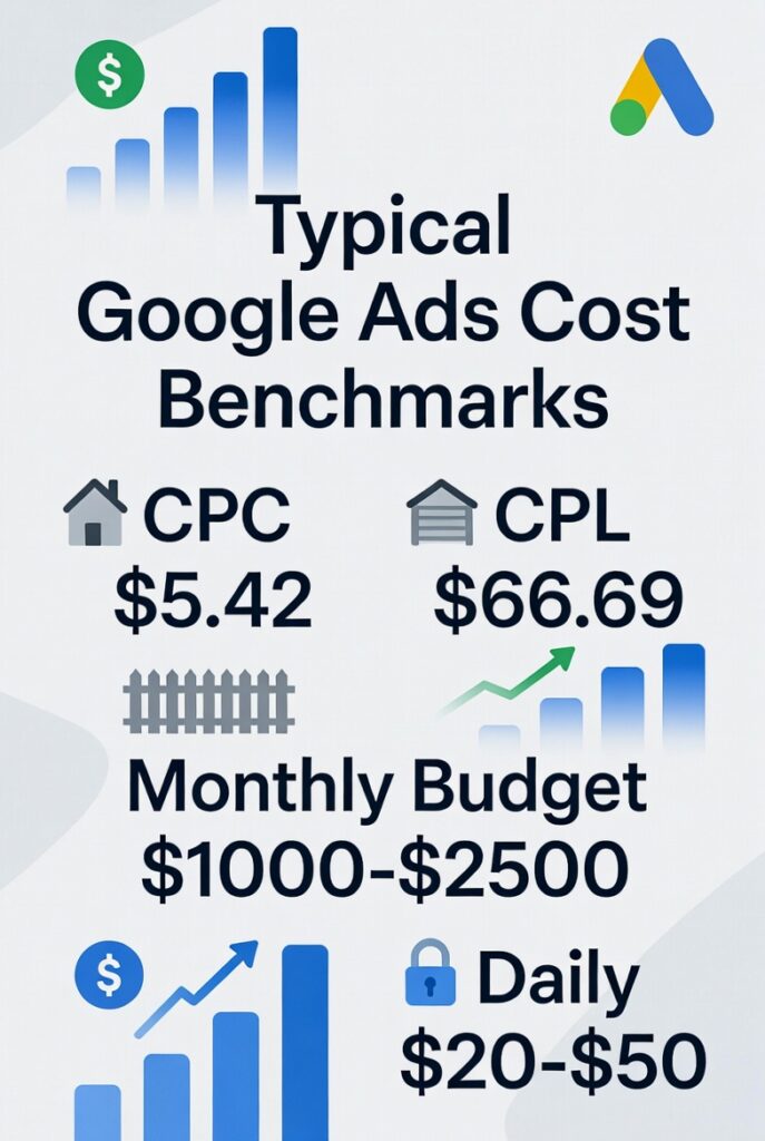 Typical Google Ads Cost Benchmarks for local home services: Average CPC $5.42, CPL $66.69, monthly budget $1000–$2500, daily budget $20–$50. Statistics for roofing, garage door, fence and locksmith businesses