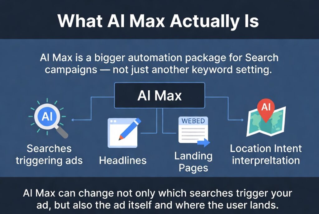 What AI Max actually is in Google Ads. Infographic showing AI Max as a broader automation system that affects searches triggering ads, headlines, landing pages, branded vs non-branded traffic, and location intent — unlike just a keyword match type