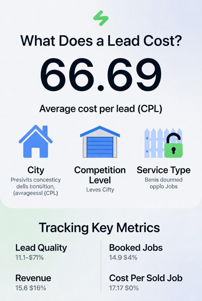 What Does a Lead Cost in Google Ads? Average CPL $66.69. Cost per lead for roofing, garage door, fence and locksmith services. Factors affecting lead cost and key metrics to track