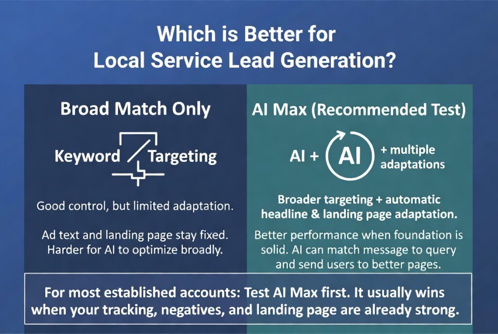 Comparison infographic: Broad Match vs AI Max for local service business lead generation. AI Max is recommended as the better test for most established accounts because it combines broader targeting with automatic headline and landing page adaptation
