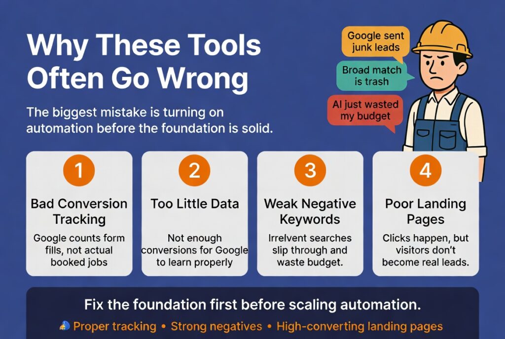 Infographic explaining why Broad Match and AI Max often fail for local service businesses. Shows the 4 main reasons automation goes wrong: bad conversion tracking, too little data, weak negative keywords, and poor landing pages. Includes common complaints from business owners and emphasizes fixing the foundation before scaling automation