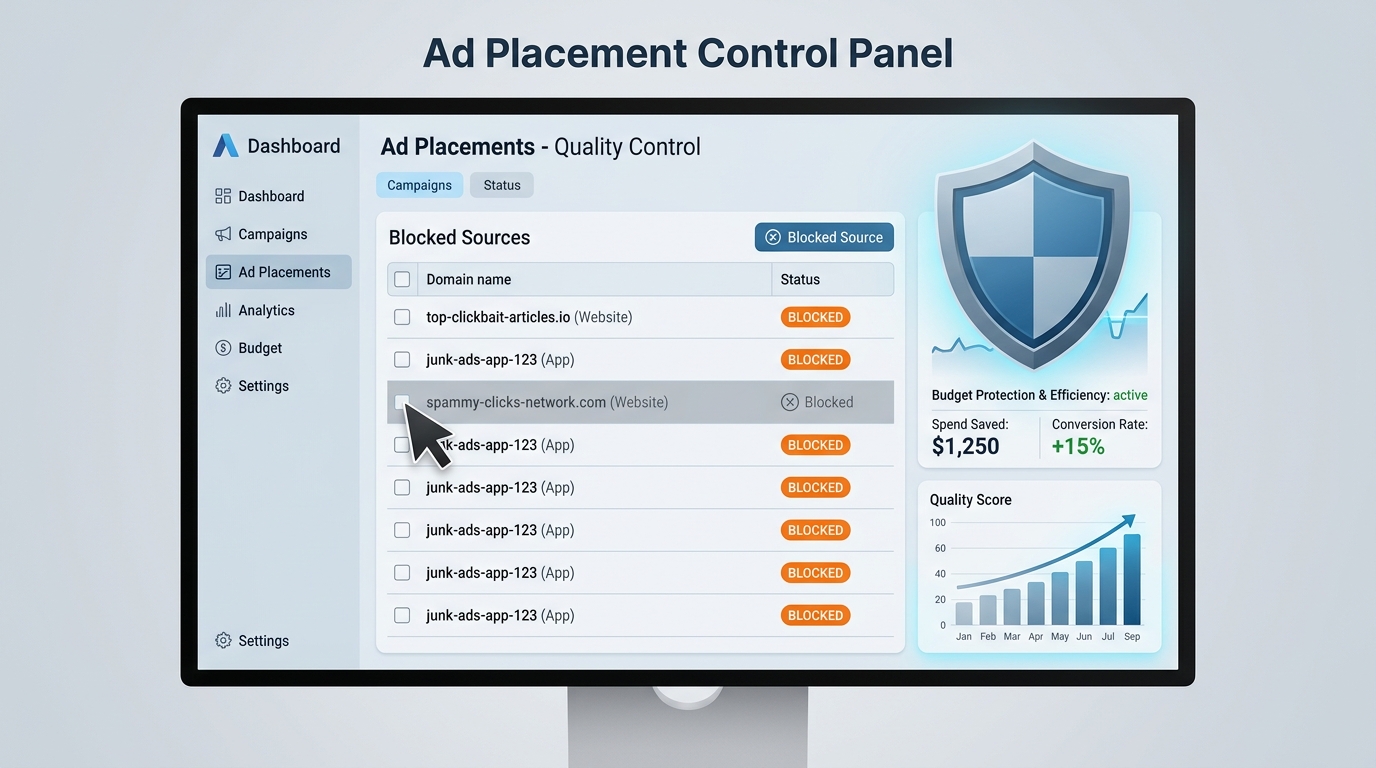 A digital screen showing exclusion of low-quality websites to optimize budgets for local trade marketing strategies.