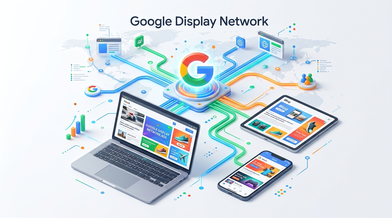 An illustration of the Google Display Network showing ad banners on various websites and apps, highlighting local trade marketing strategies.