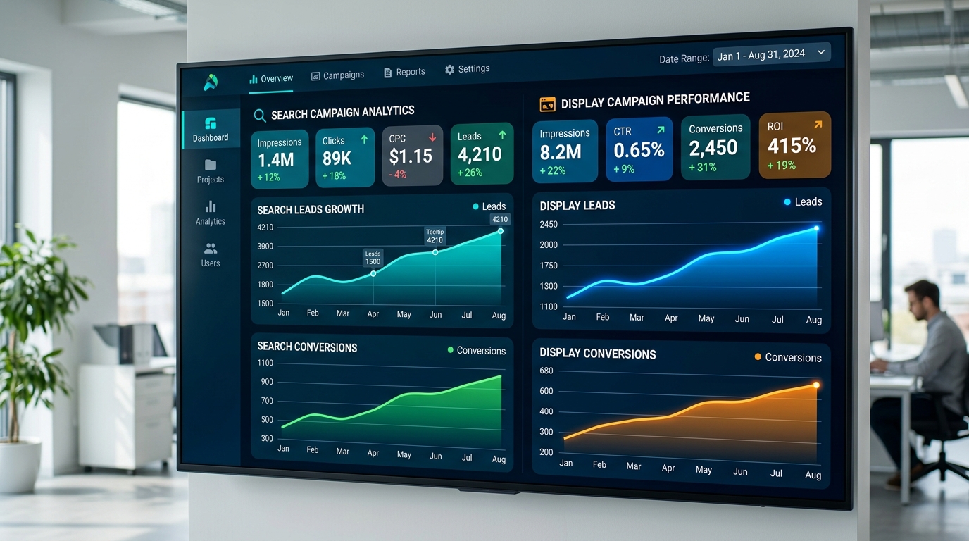 A digital marketing dashboard showing multi-channel local trade marketing strategies with search and display ads.
