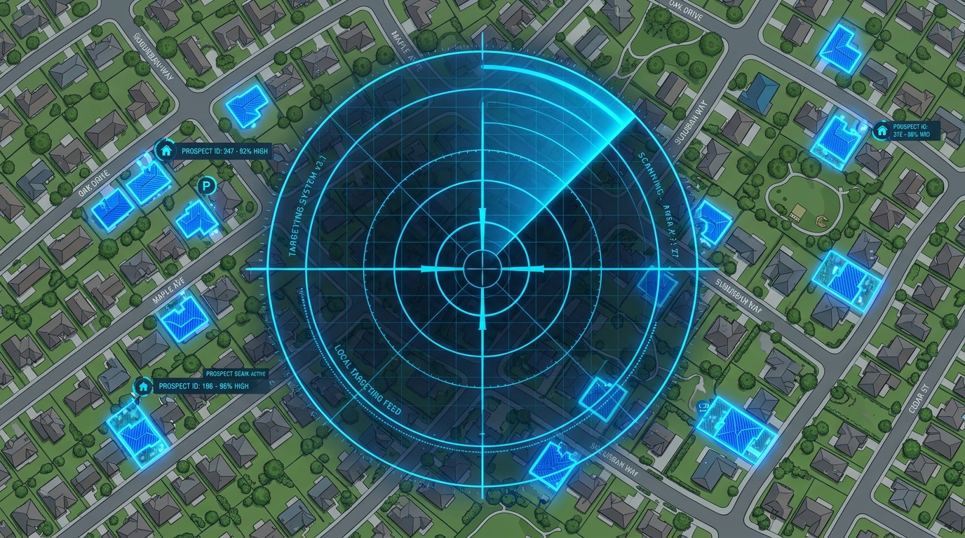 A target overlay scanning suburban homes, illustrating precise audience targeting in local trade marketing strategies.