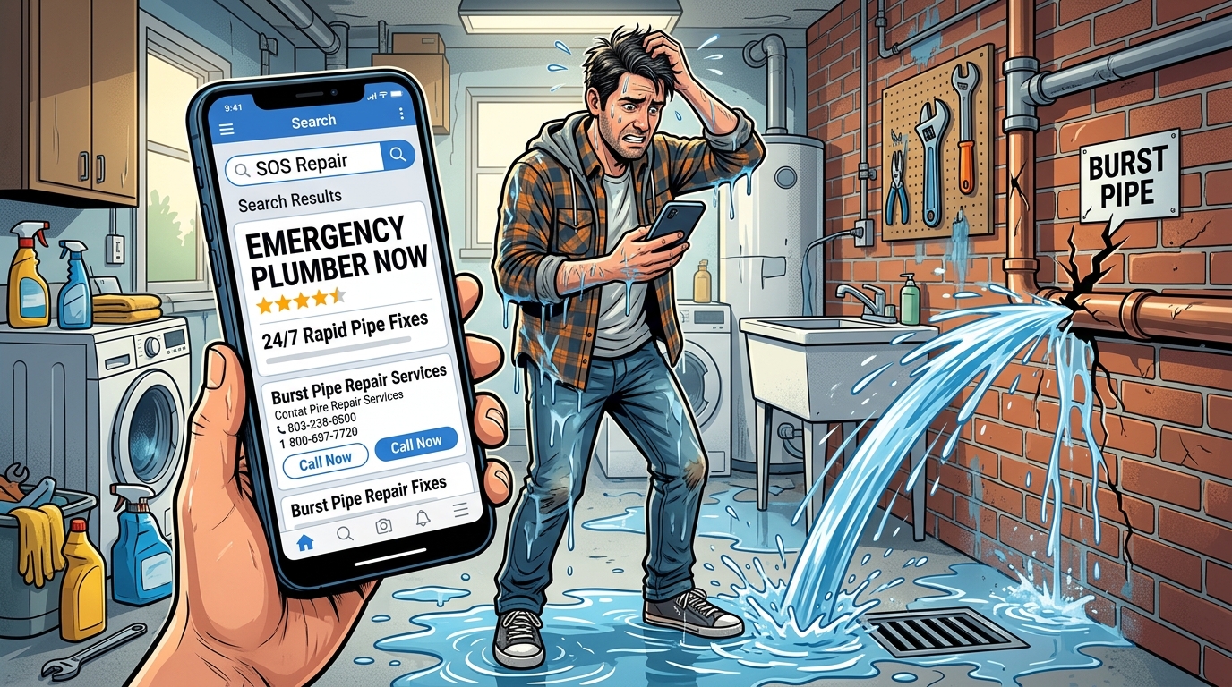 A homeowner looking for emergency home repairs, illustrating when display ads don't fit local trade marketing strategies.