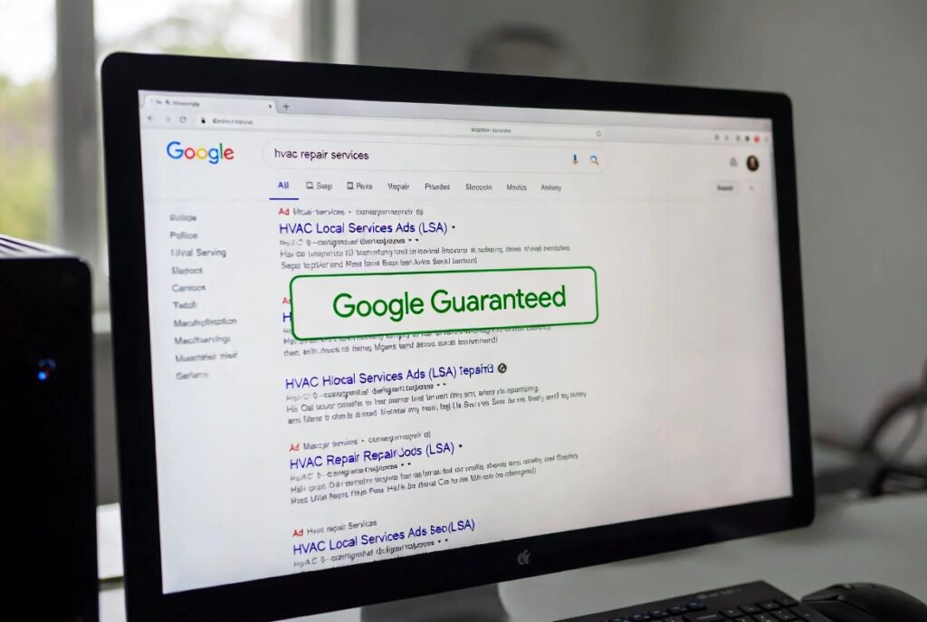 Google Local Services Ads with Google Guaranteed badge ranking at the top for HVAC repair - LSA lead generation strategy by Kazakov Agency