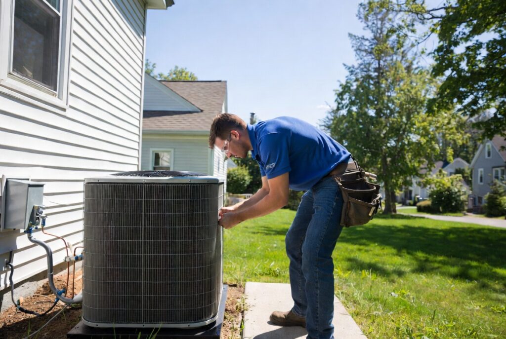 Professional HVAC technician installing a new outdoor air conditioning unit at a suburban home in Massachusetts on a sunny summer day