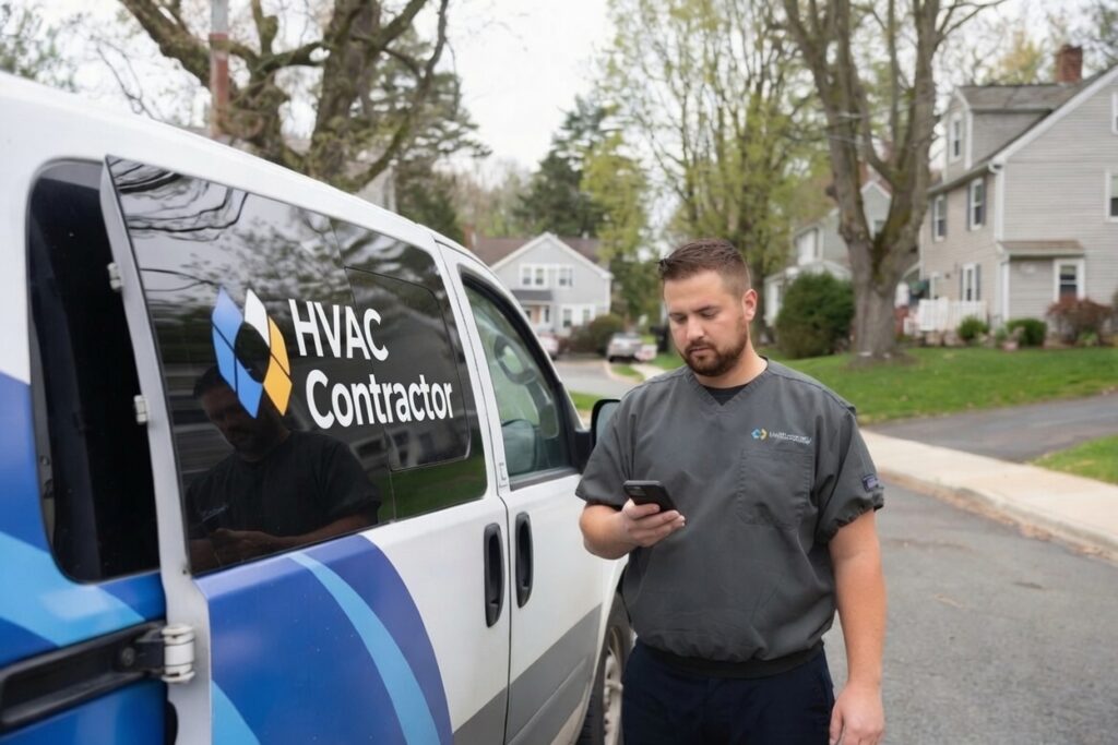 HVAC technician updating Google Business Profile and managing Local SEO from his service van in Massachusetts - Local SEO strategy by Kazakov Agency