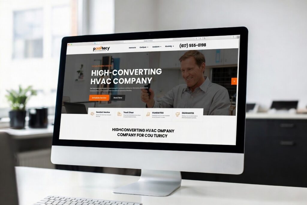 High-converting HVAC website on desktop monitor and strong CTA - Website optimization strategy by Kazakov Agency